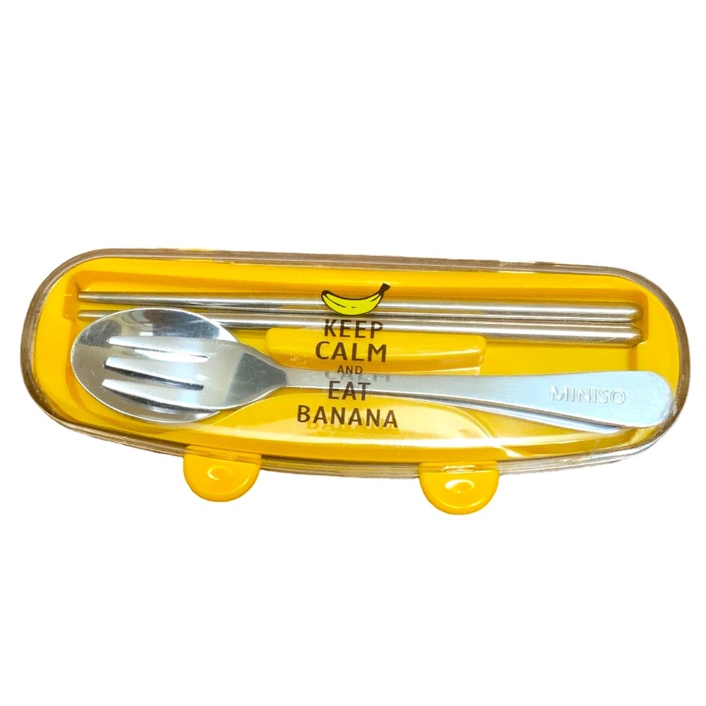 MINISO Travel Silver Small Compact Fork Spoon Chopsticks Cutlery Hard Case NEW